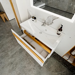 Бриклаер Мебель для ванной Берлин 100 белая с ручкой дуб золотой – фотография-8